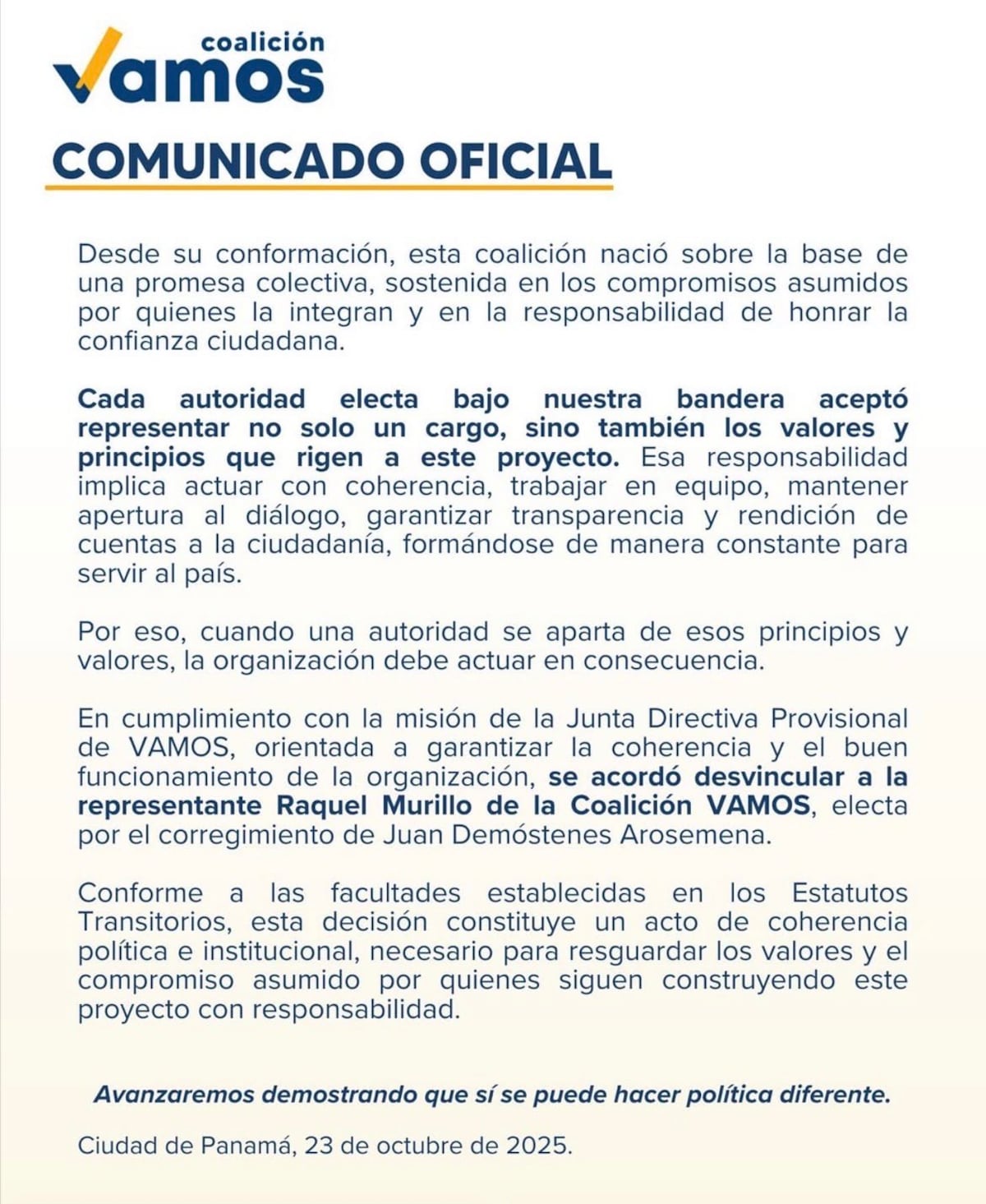 Coalición Vamos desvincula a representante de Juan Demóstenes Arosemena