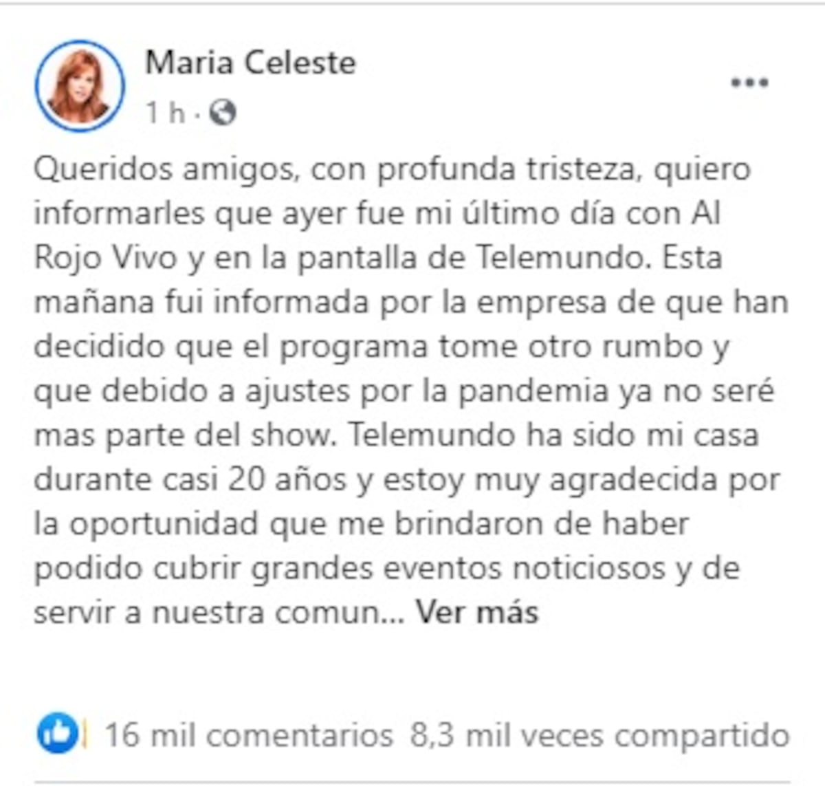 María Celeste es despedida de Al Rojo Vivo. La dejan fuera de Telemundo. Ajustes por la pandemia