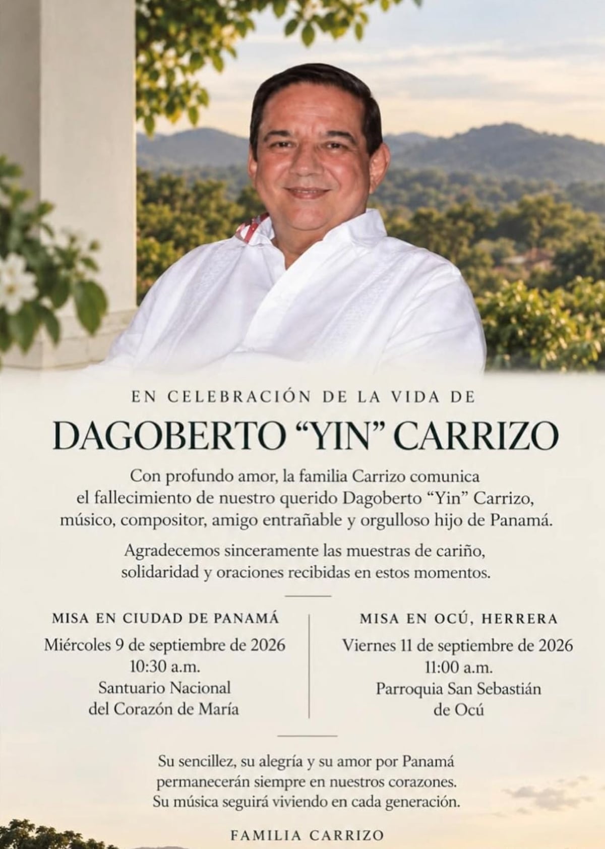 Yin Carrizo será despedido este 9 de septiembre: estos son los detalles de sus honras fúnebres