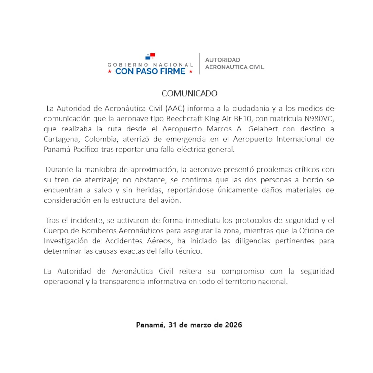 Avión hace aterrizaje forzoso en Panamá Pacífico por falla eléctrica