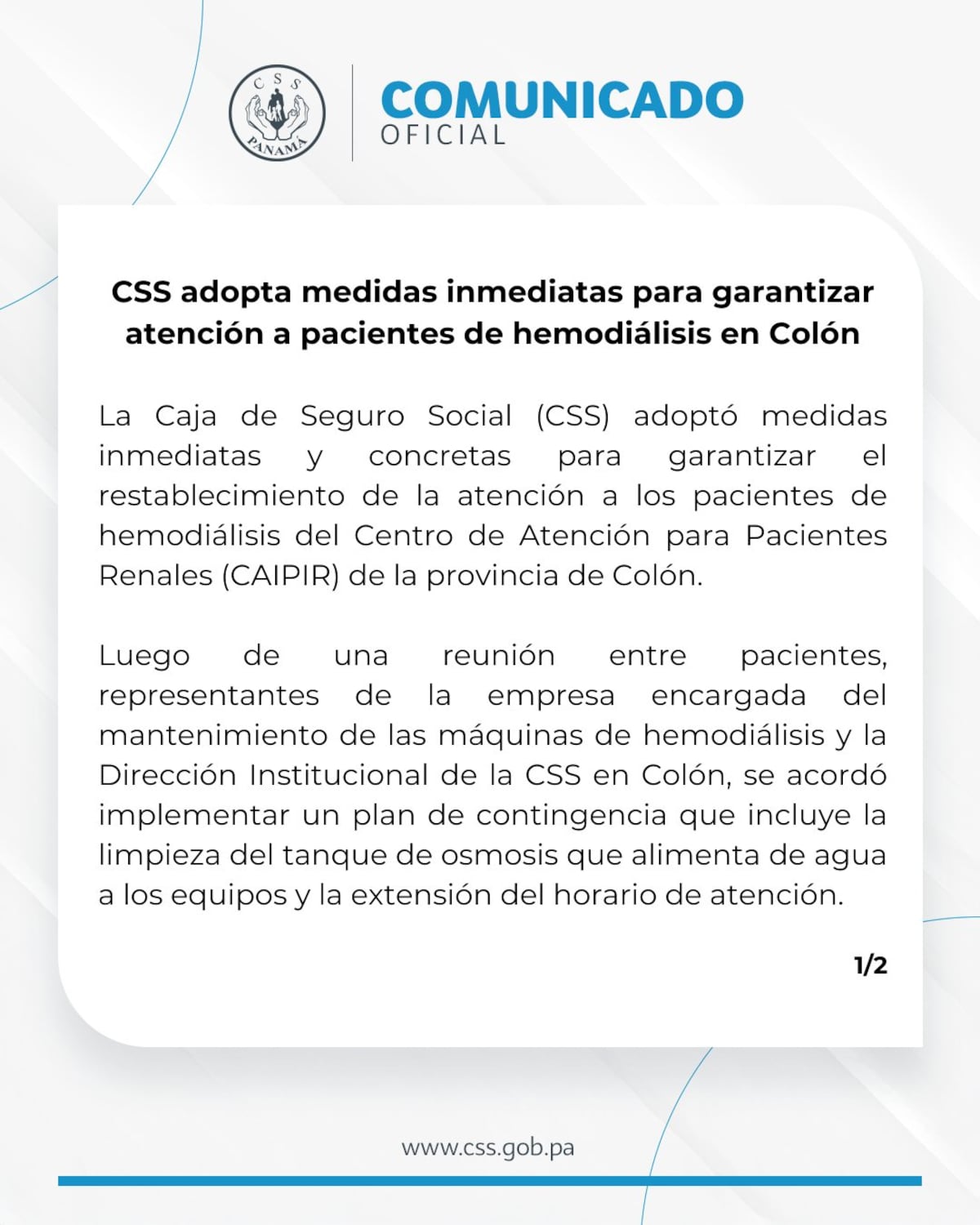 CSS garantiza atención a pacientes de hemodiálisis tras falla en Colón