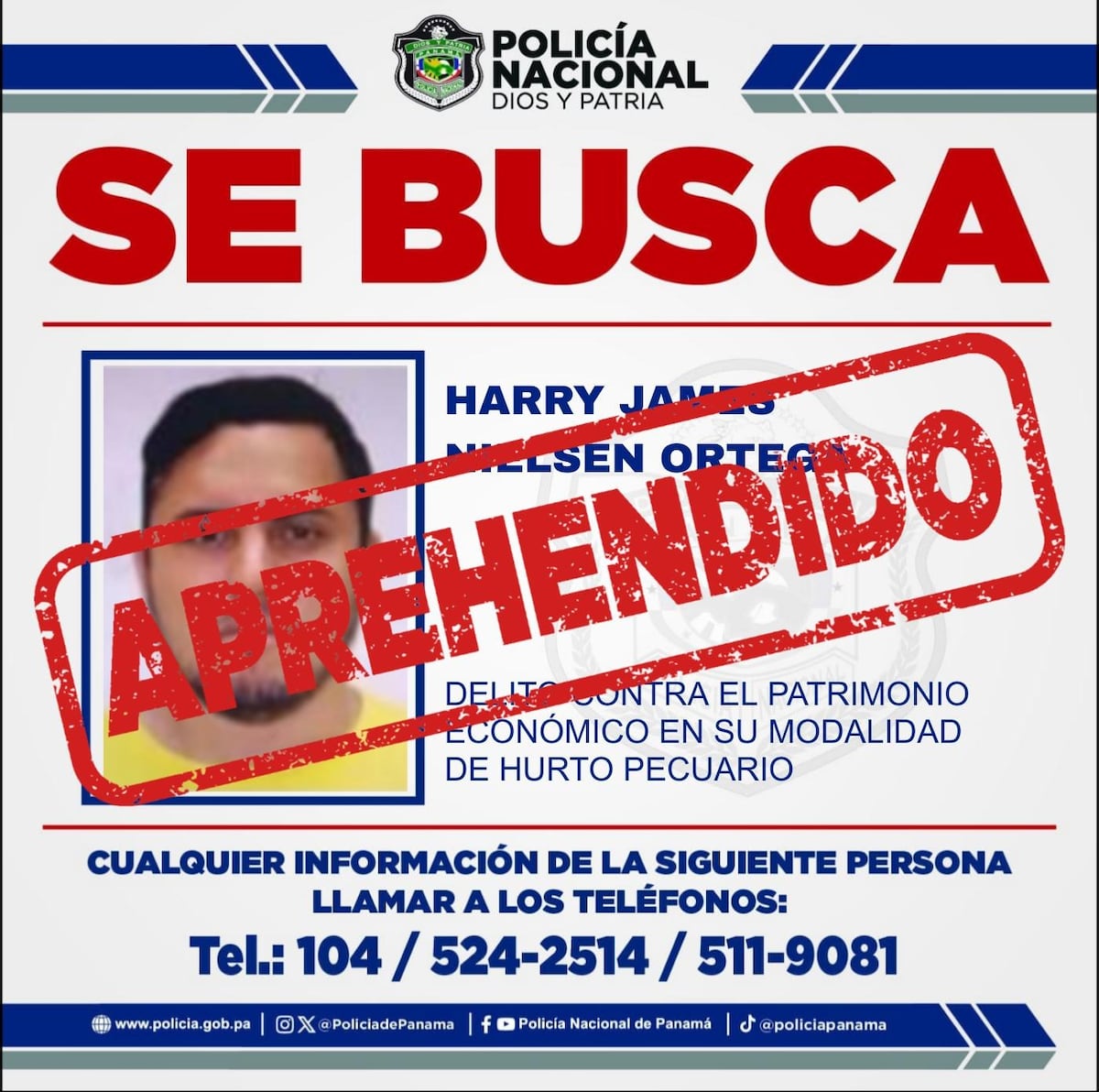 Cae uno de los más buscados en Chiriquí: capturan a Harry Nielsen por hurto pecuario