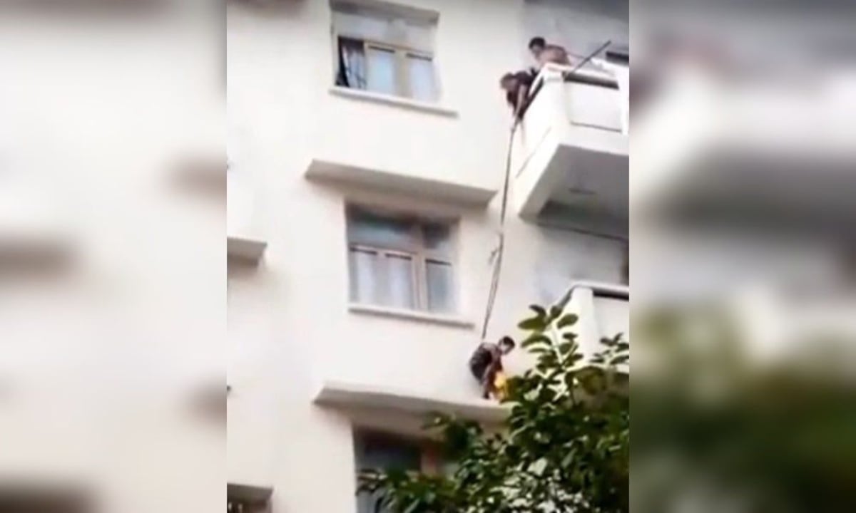 Abuela descuelga a su nieto de 7 años por el balcón de un quinto piso para rescatar a un gato. Video 