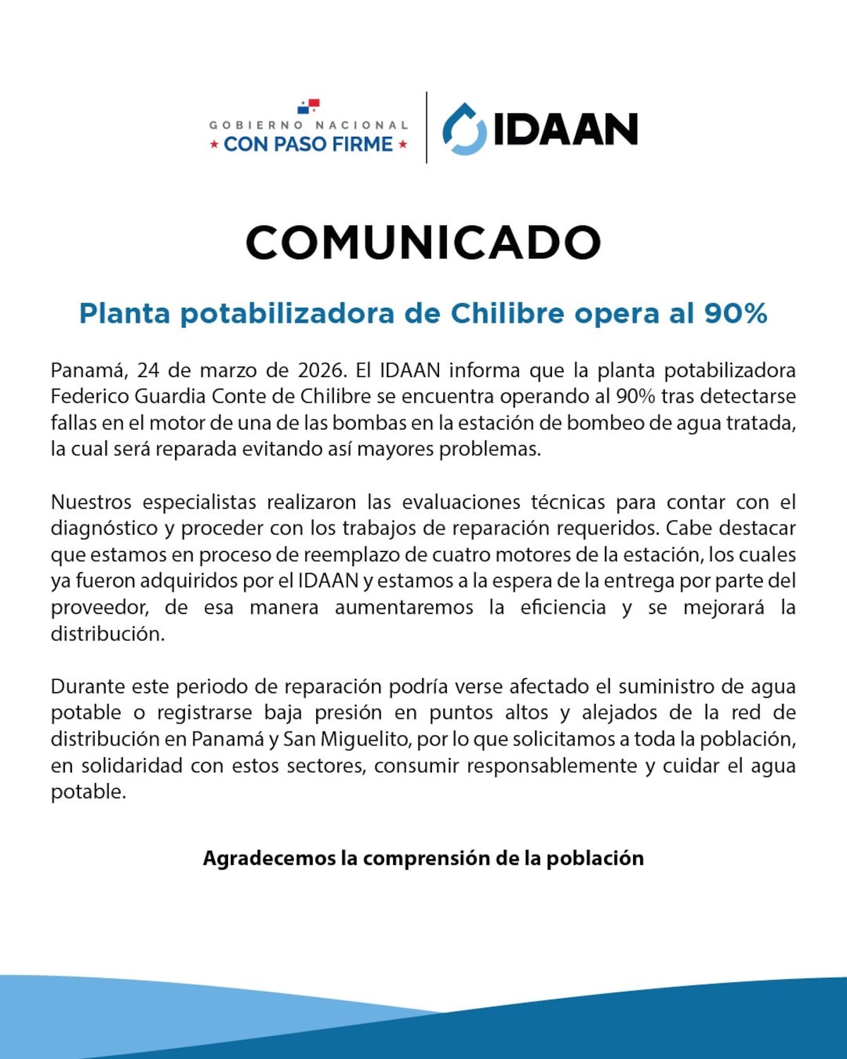 Planta potabilizadora de Chilibre opera al 90% por daño en bomba; podría afectar presión en varios sectores