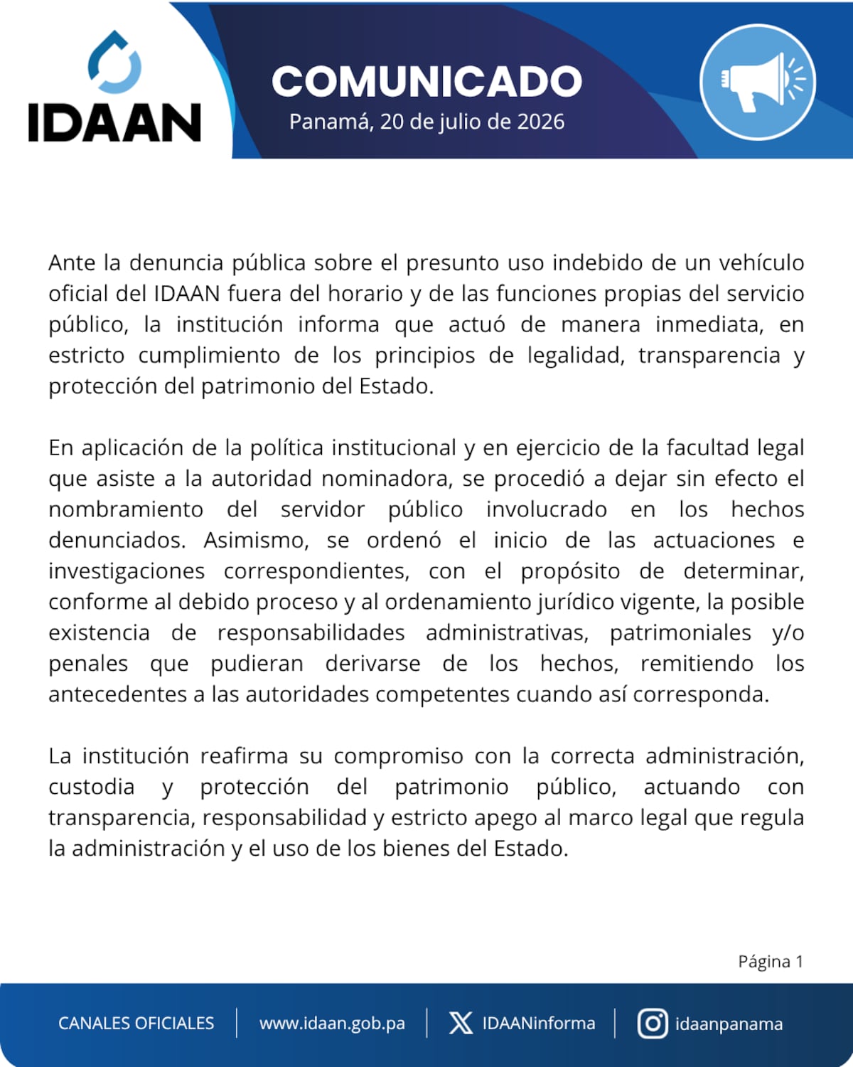 Idaan abre investigación y deja sin cargo a funcionario por uso de vehículo oficial