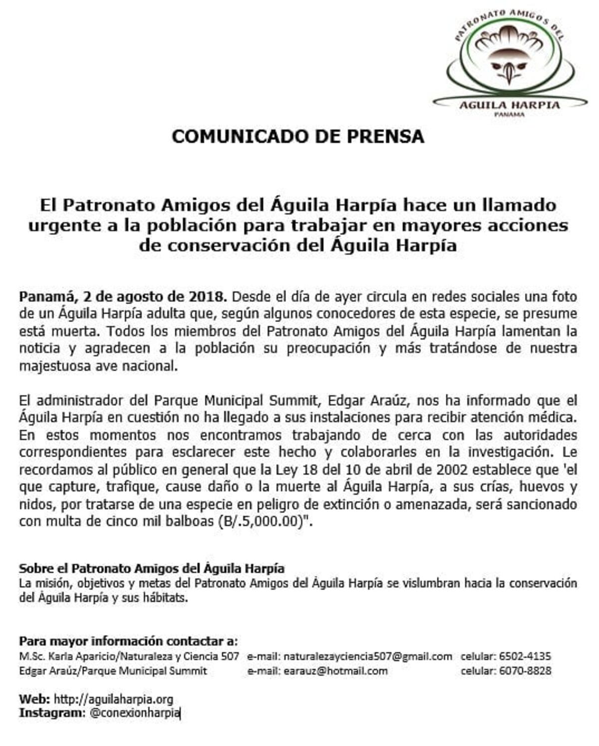 En el Parque Summit no han recibido ninguna Águila Harpía para atención médica