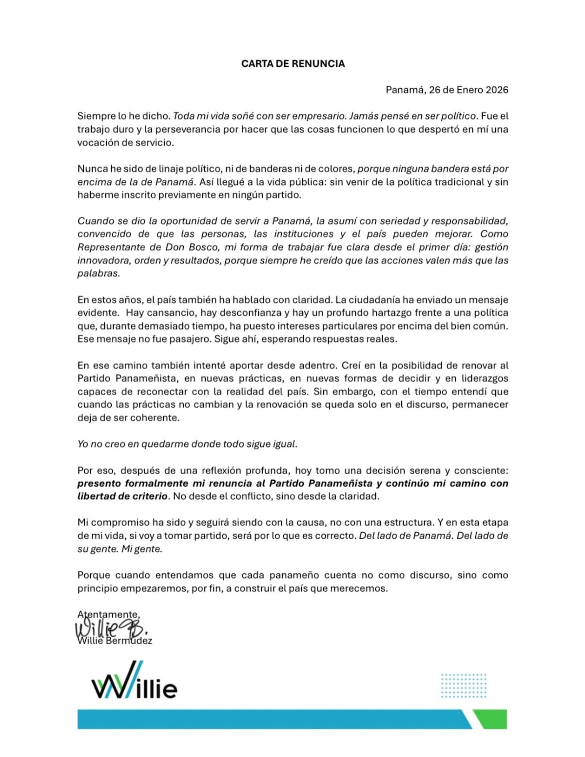 ‘Yo no creo en quedarme donde todo sigue igual’: Willie Bermúdez se baja del panameñismo