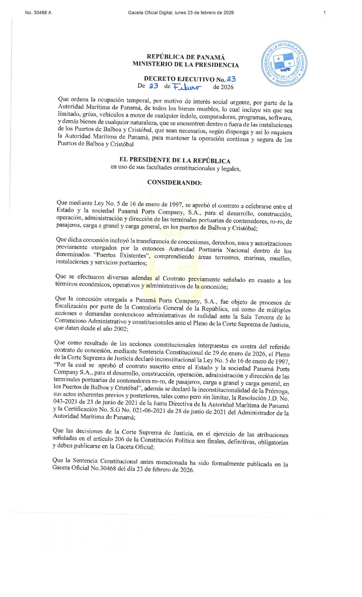 Gobierno de Panamá asume ocupación temporal de los puertos de Balboa y Cristóbal tras fallo judicial