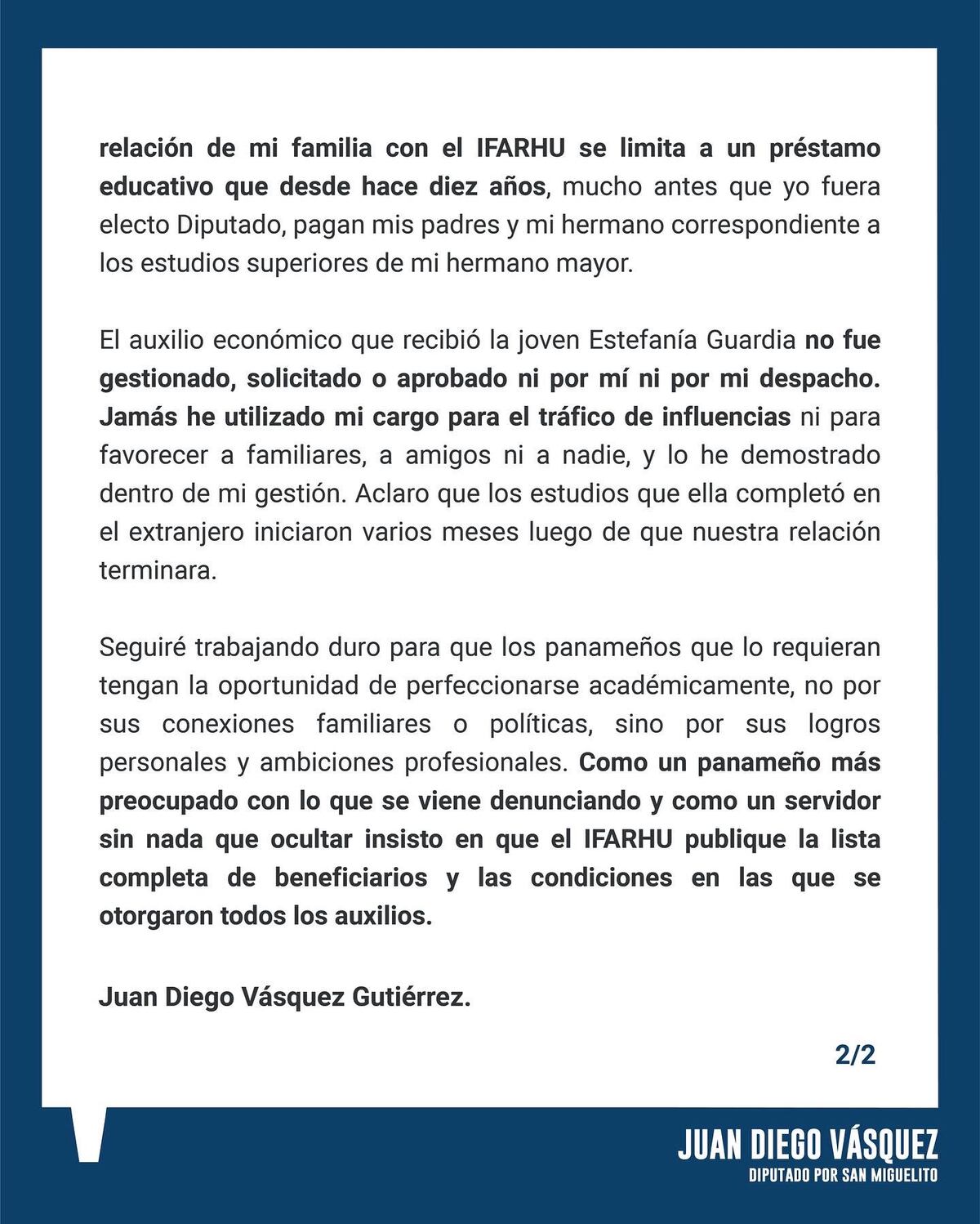 Exnovia del diputado Juan Diego Vásquez recibió auxilio económico para irse a estudiar a EE.UU.