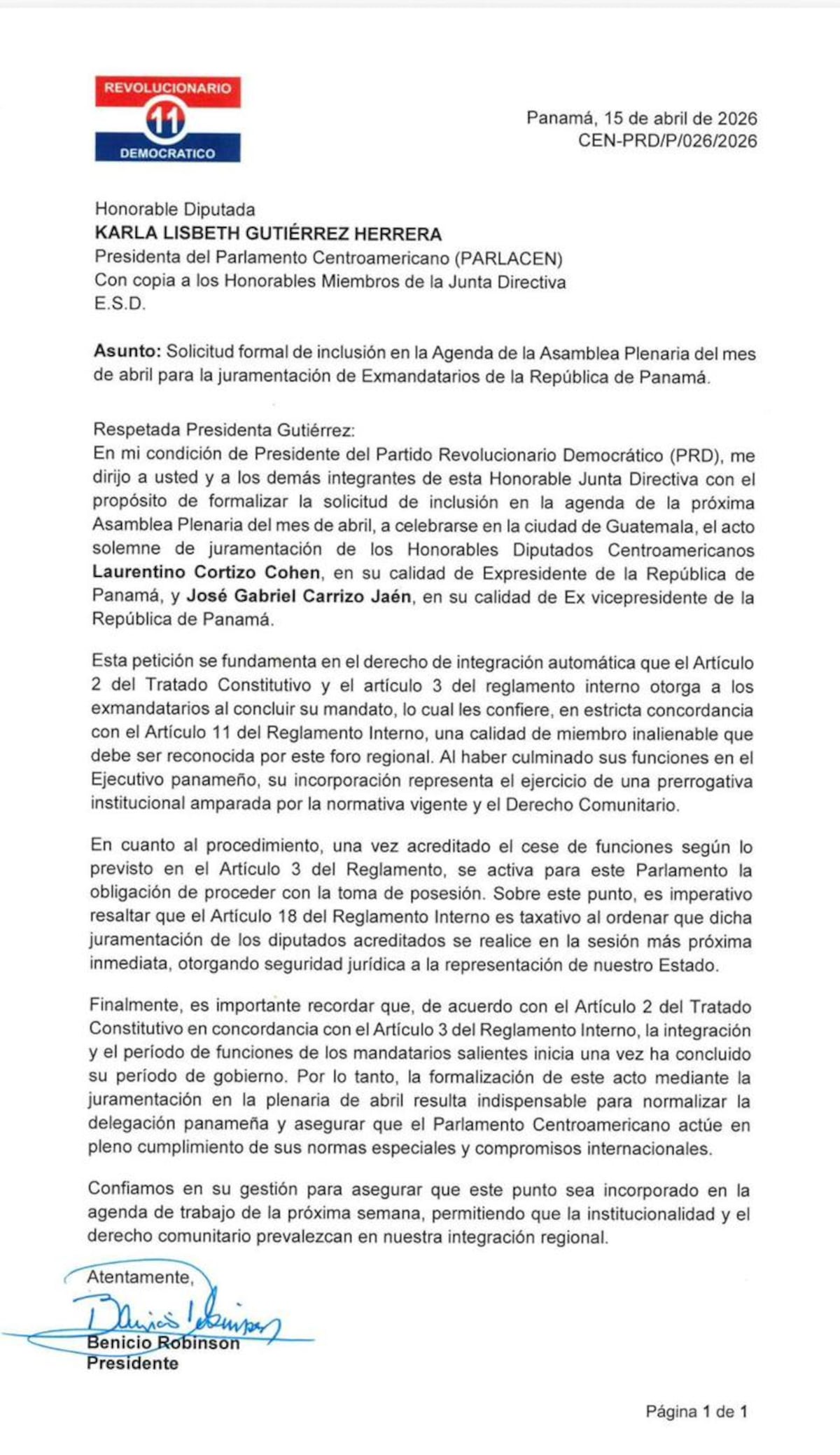 PRD solicita juramentación de Cortizo y Carrizo en el Parlacen