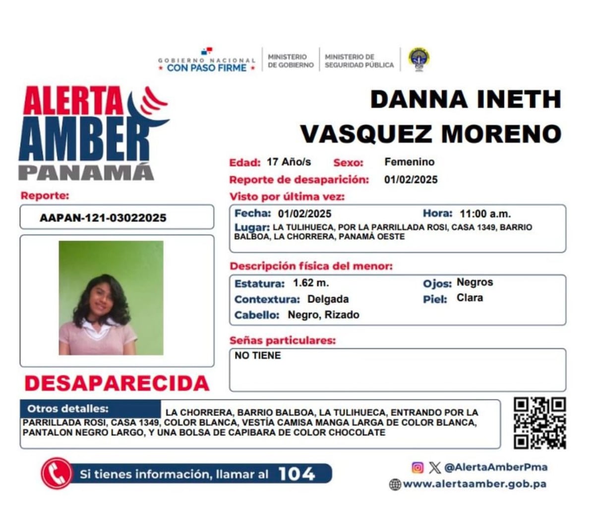 ¡Alerta Amber activada en Panamá! Se busca a Danna Ineth Vásquez Moreno