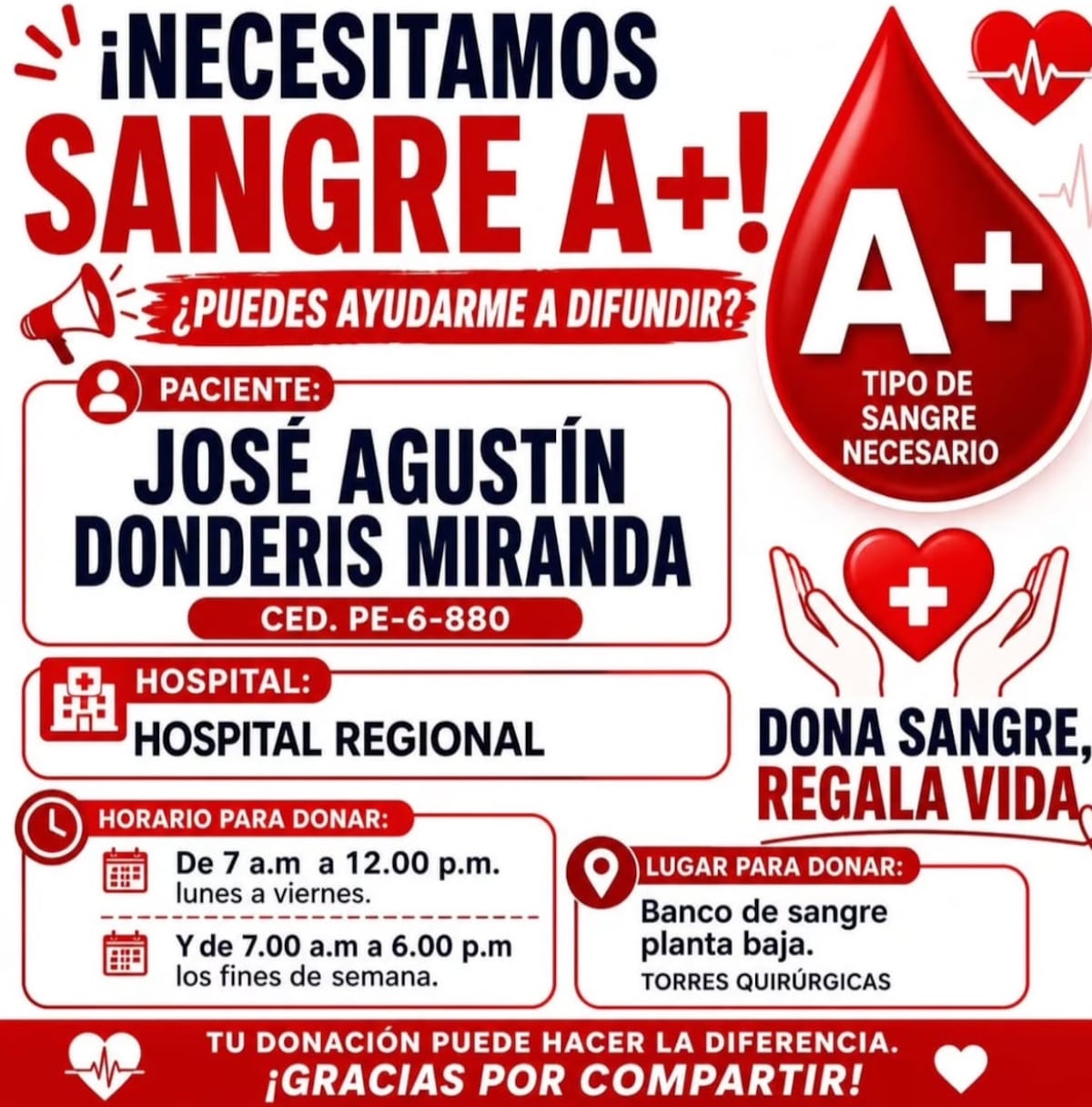 Urgente: piden sangre y oraciones por el exdirector de SINAPROC José Donderis, hospitalizado en Chiriquí