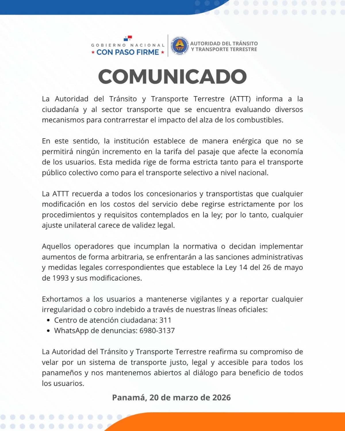 ¡Aumento de tarifas es ilegal! Panamá Oeste anuncia aumentos y la ATTT reacciona