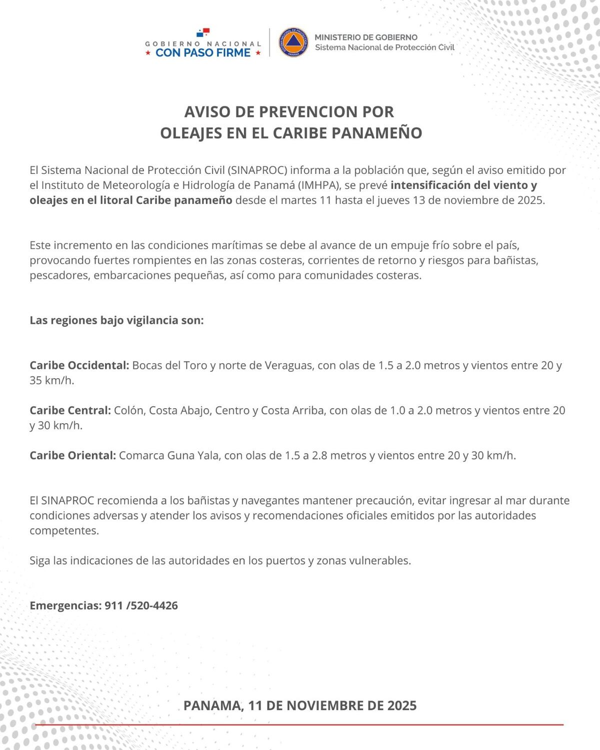 ¡Mar peligroso! IMHPA y Sinaproc lanzan alerta por vientos fuertes y olas altas hasta el jueves 13 de noviembre