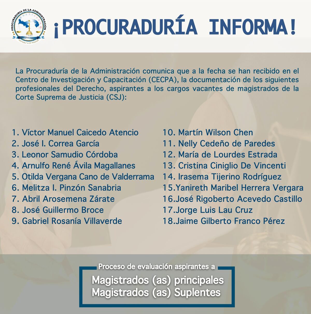 Ya van 18 aspirantes a Magistrados de la Corte Suprema de Justicia 