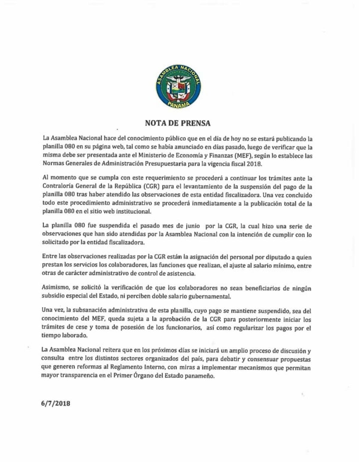 Ahora la Asamblea Nacional informó que no dará la información de la Planilla 080