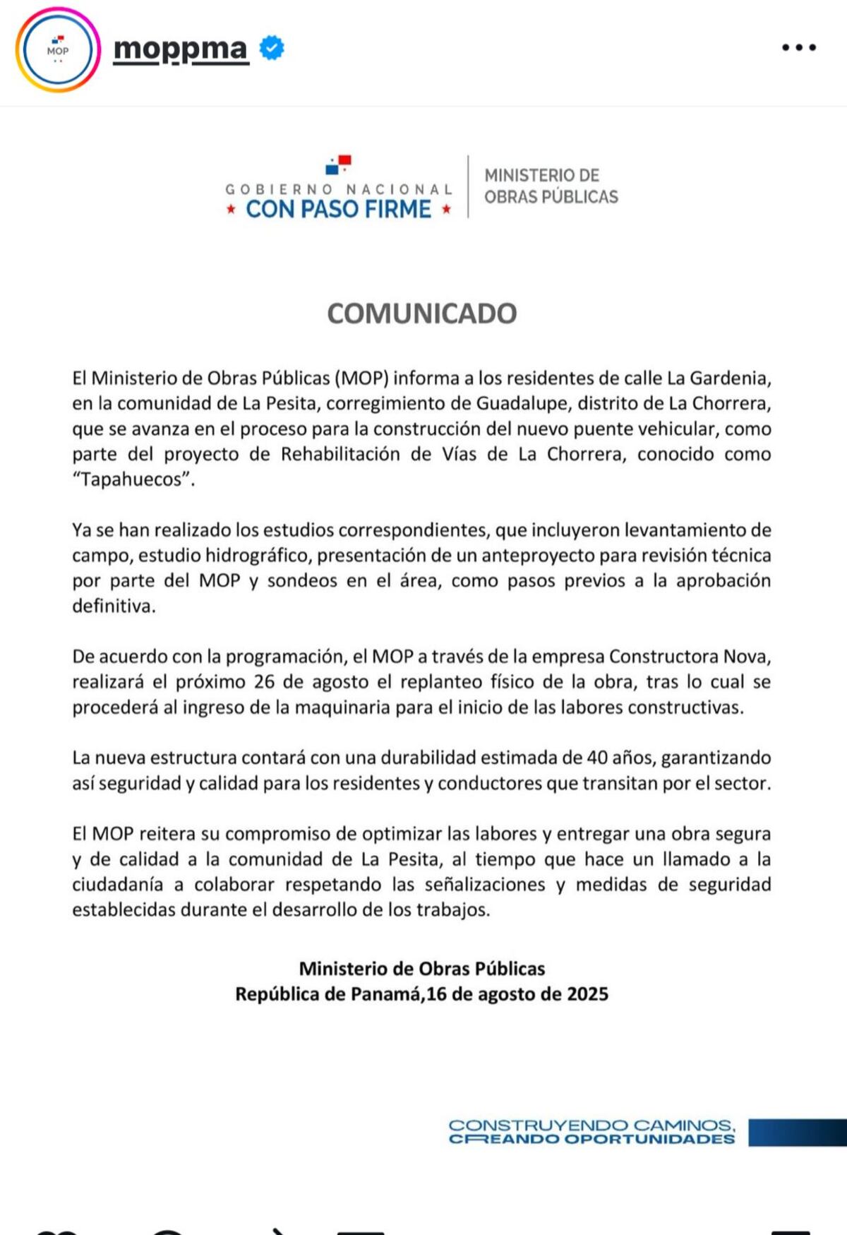 Tapahuecos avanza: MOP anuncia nuevo puente para La Chorrera