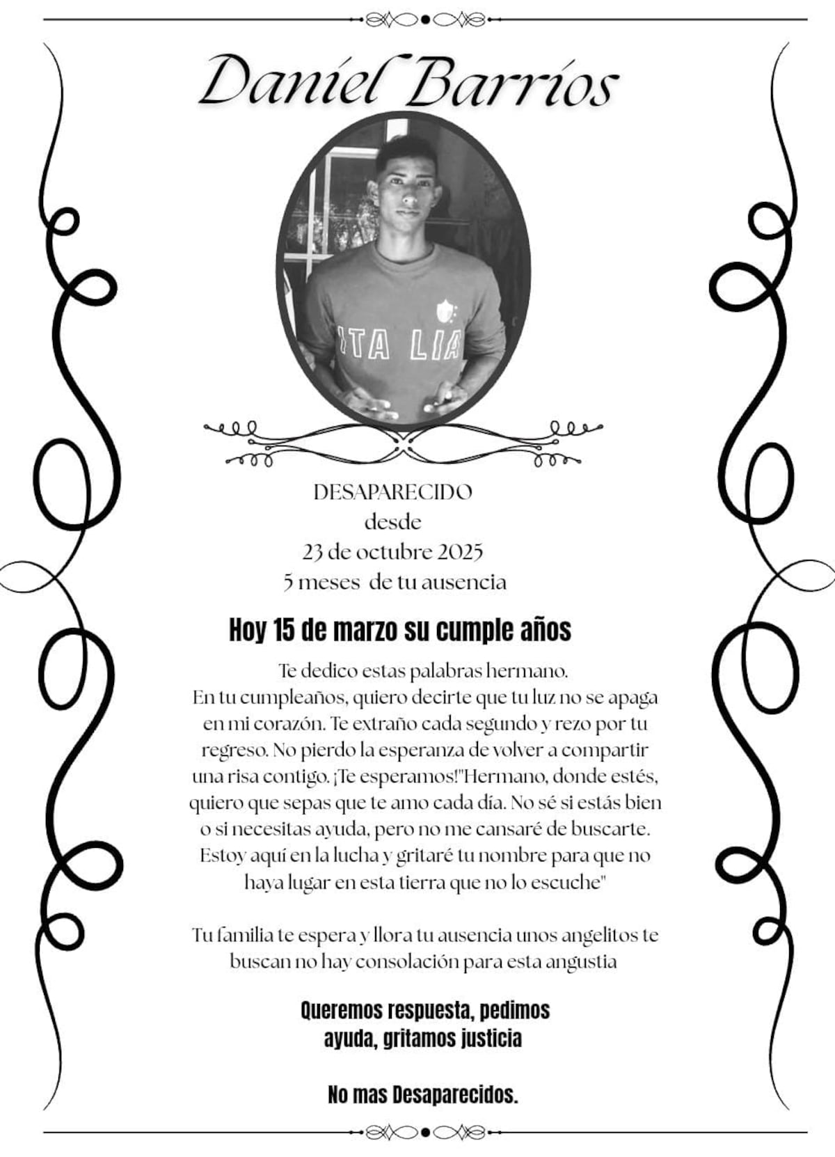 Cinco meses desaparecido. Daniel Barrios cumple años y su familia le promete: ‘No dejaré de buscarte’