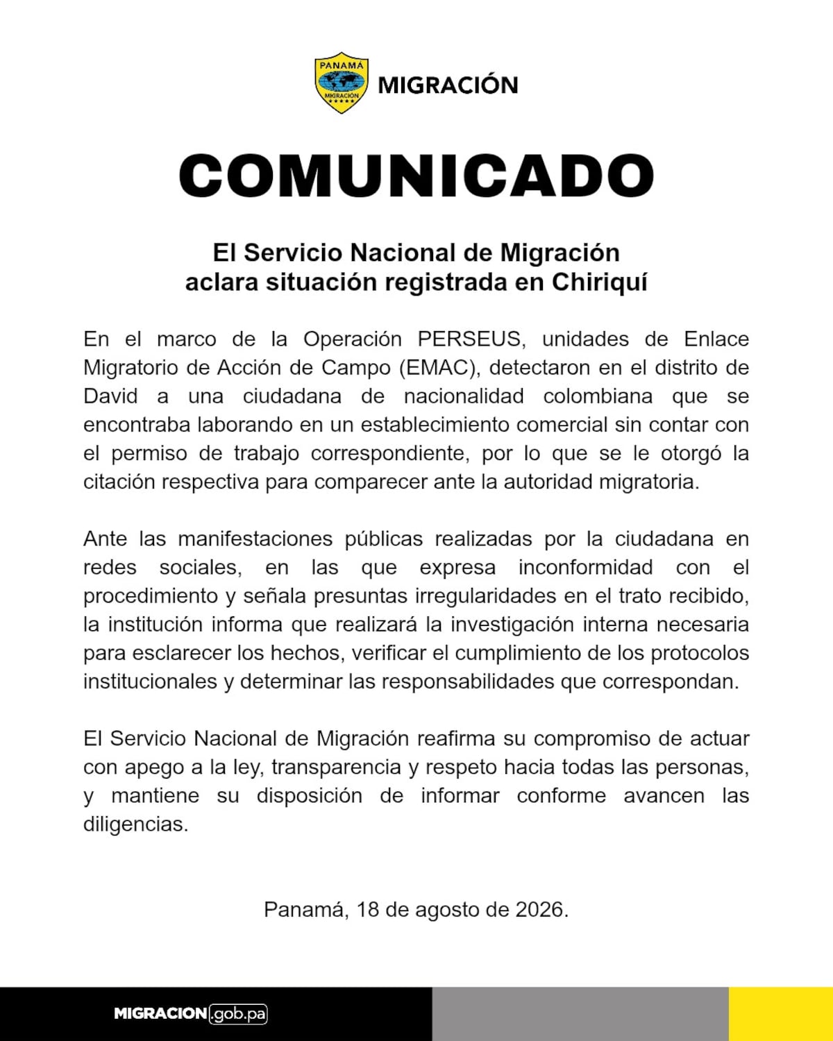 Colombiana denuncia presuntas irregularidades y Migración abre investigación en Chiriquí