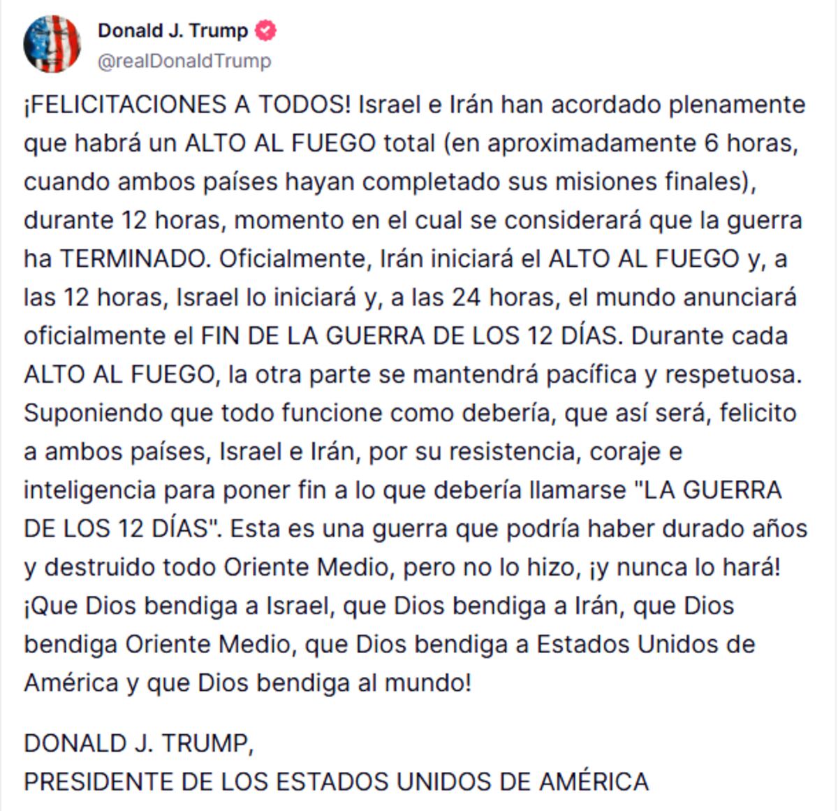 Trump anuncia fin de la guerra entre Israel e Irán: ‘¡La Guerra de los 12 días ha terminado!’