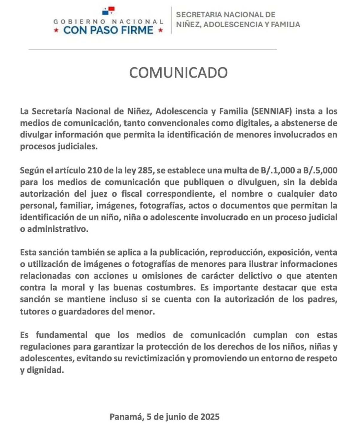 SENNIAF advierte a medios: multas de hasta B/.5,000 por divulgar datos de menores en procesos judiciales