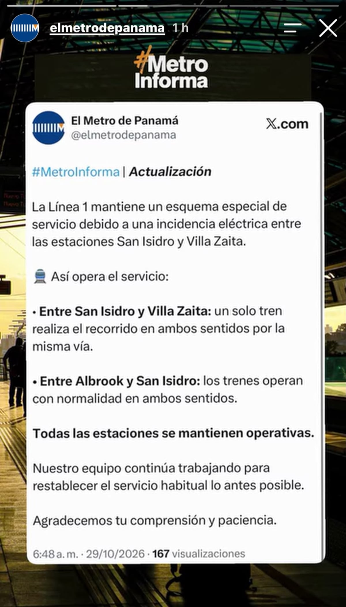 ¡Atención! Metro de Panamá anuncia que el servicio de la Línea 1 ya se normalizó tras incidencia eléctrica registrada esta mañana