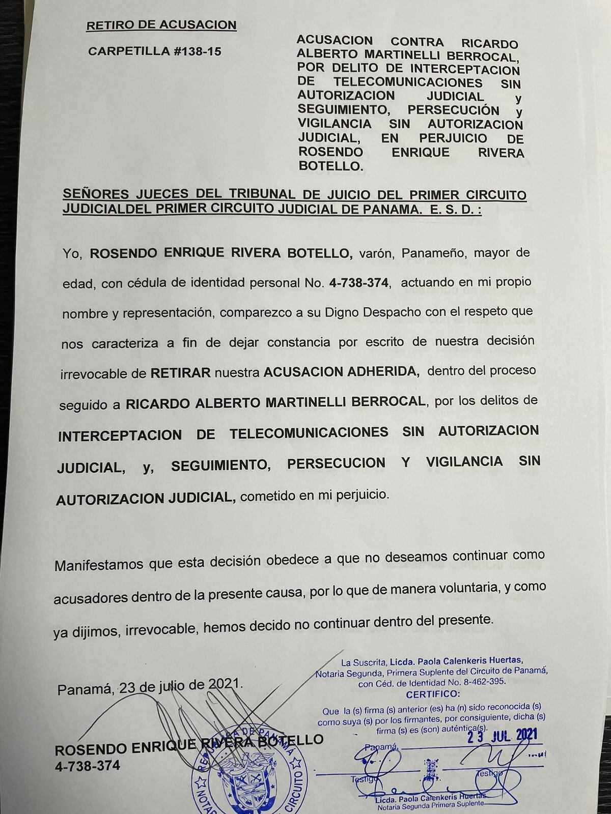 Otro de los querellantes retira su denuncia contra Ricardo Martinelli