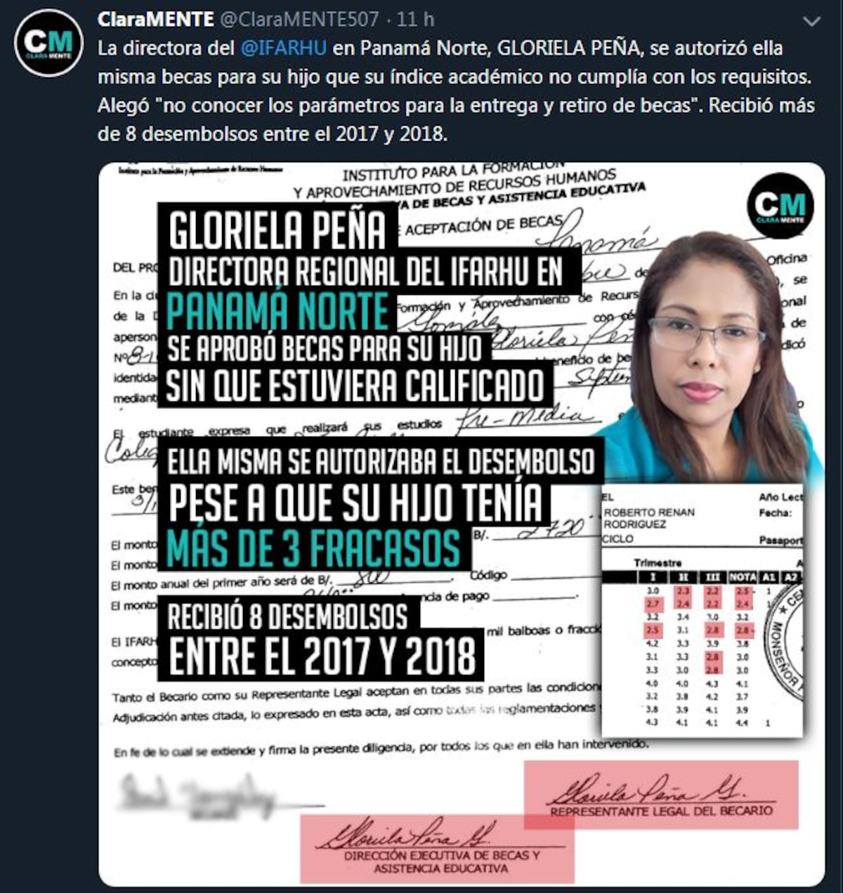 Escándalo: Directora regional del IFARHU otorga beca a su hijo que estaba fracasado 