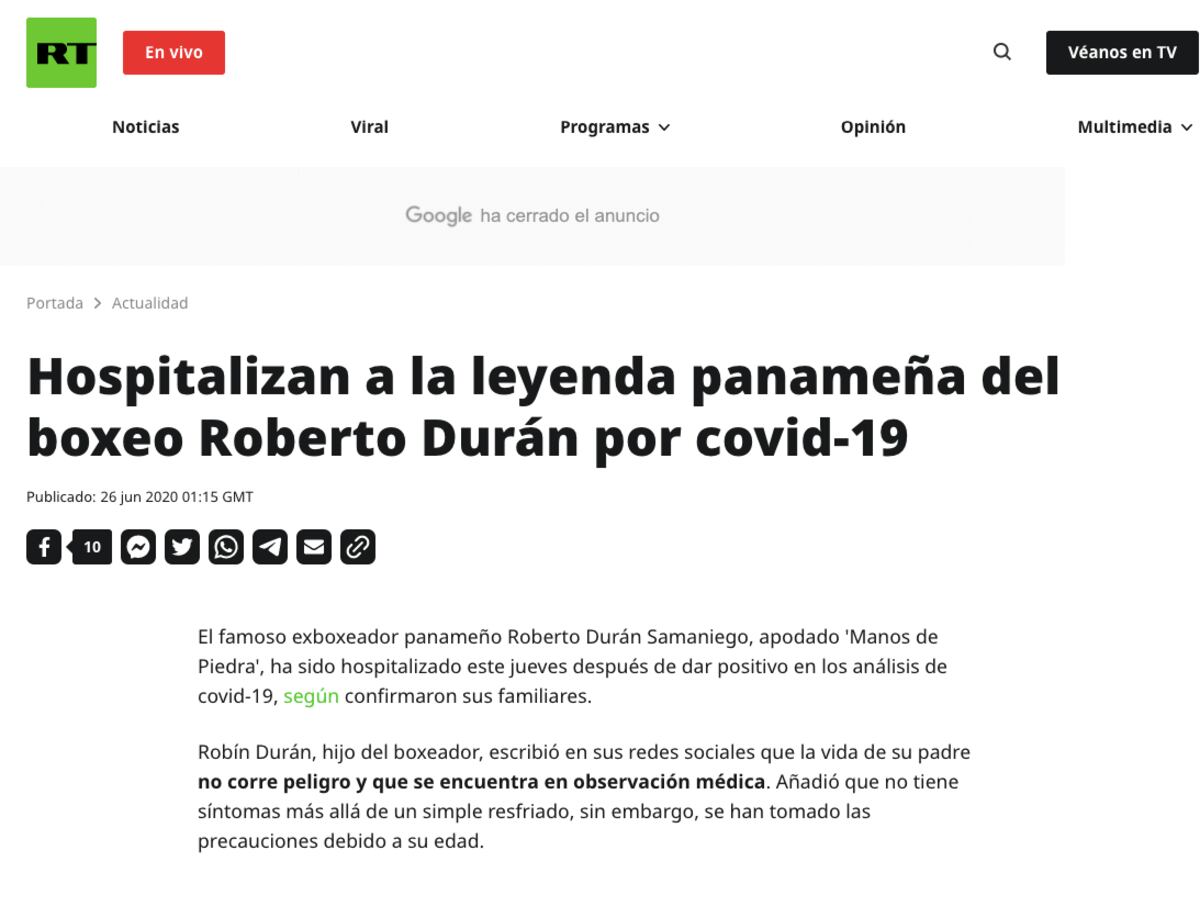 Medios internacionales reportan el contagio de Roberto Durán +Galería