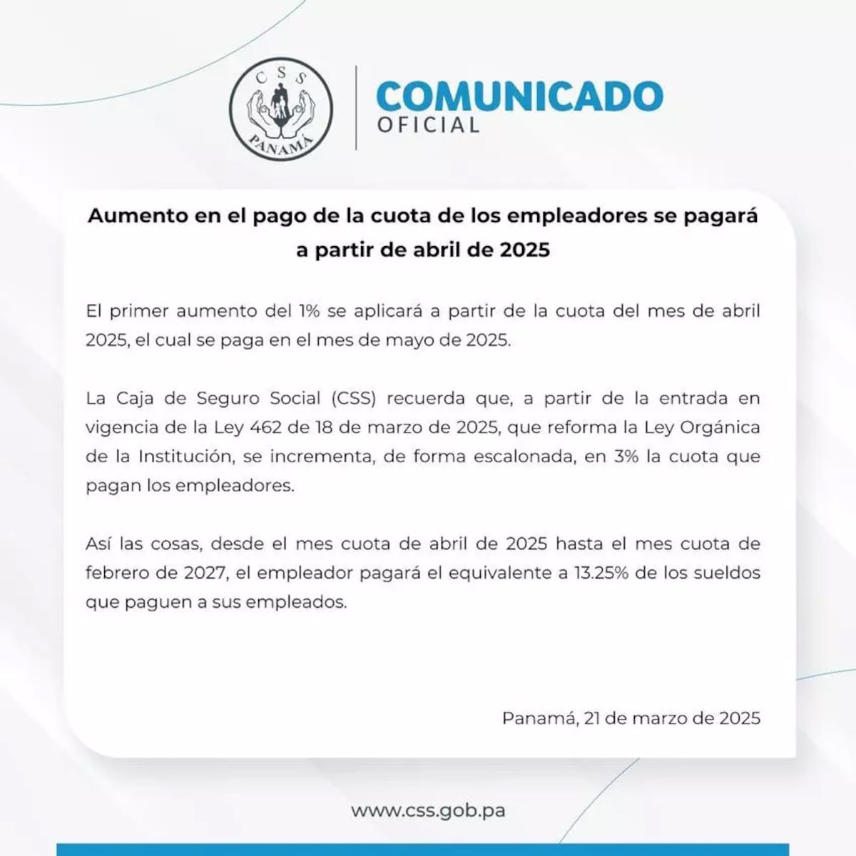 CSS anuncia el primer aumento escalonado en la cuota patronal a partir de este mes de abril