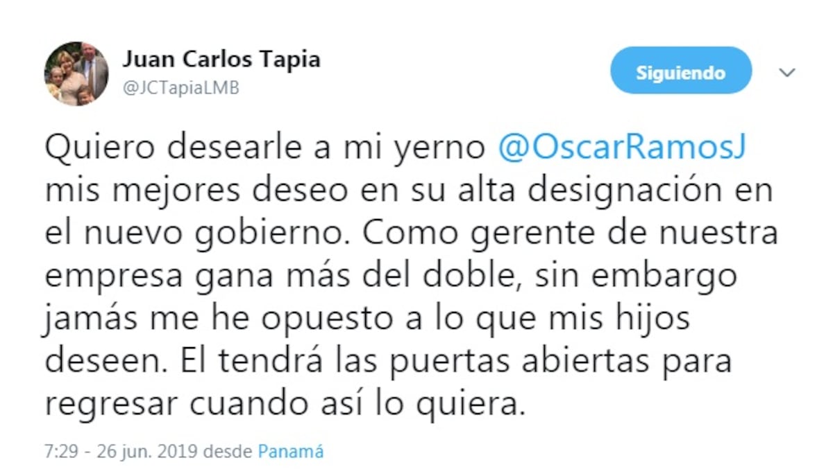 Juan Carlos Tapia asegura que su yerno con él gana más del doble, pero se va, aceptó designación en nuevo Gobierno