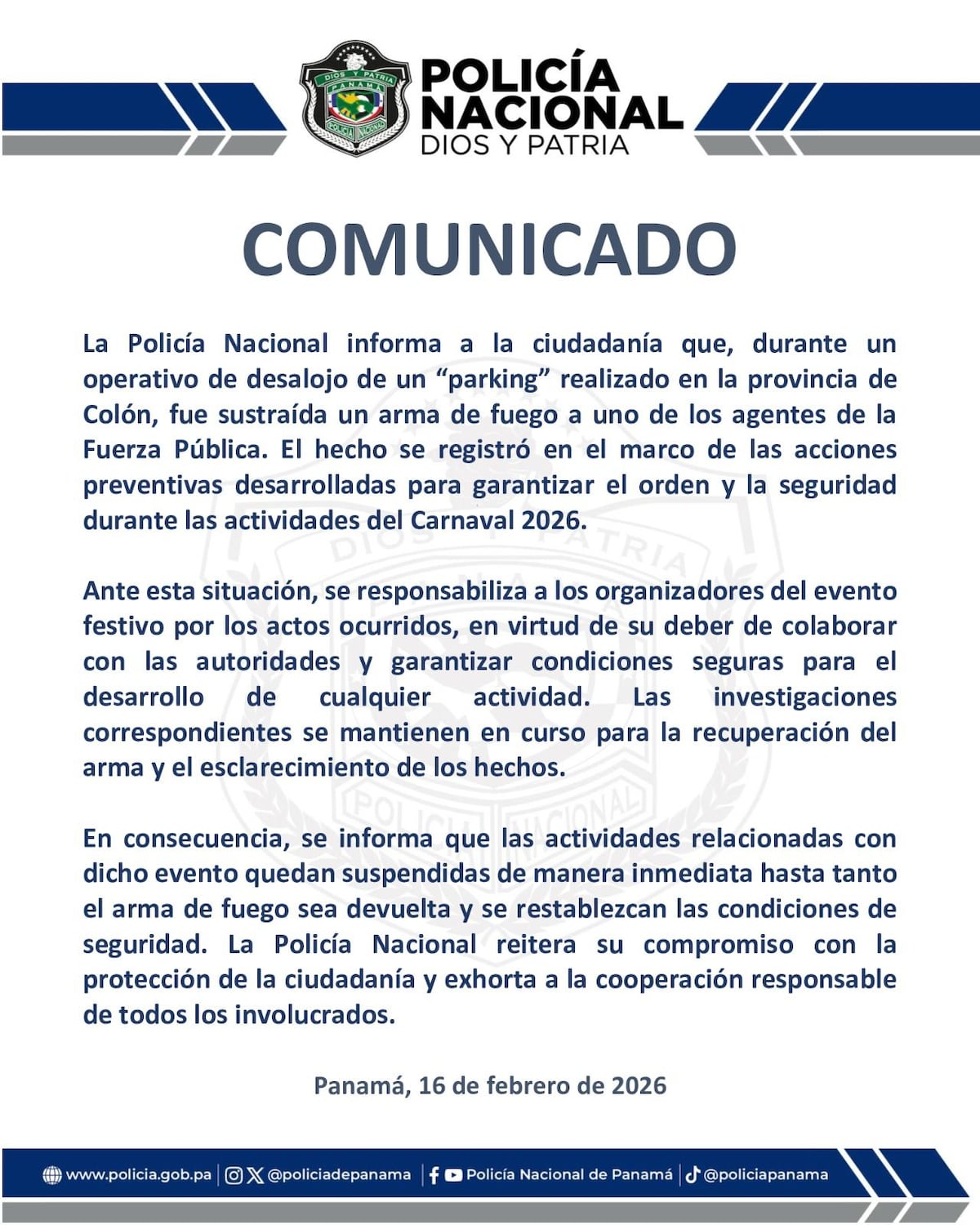 Carnaval con comparsas en Colón termina en caos: roban arma a un policía y suspenden las fiestas