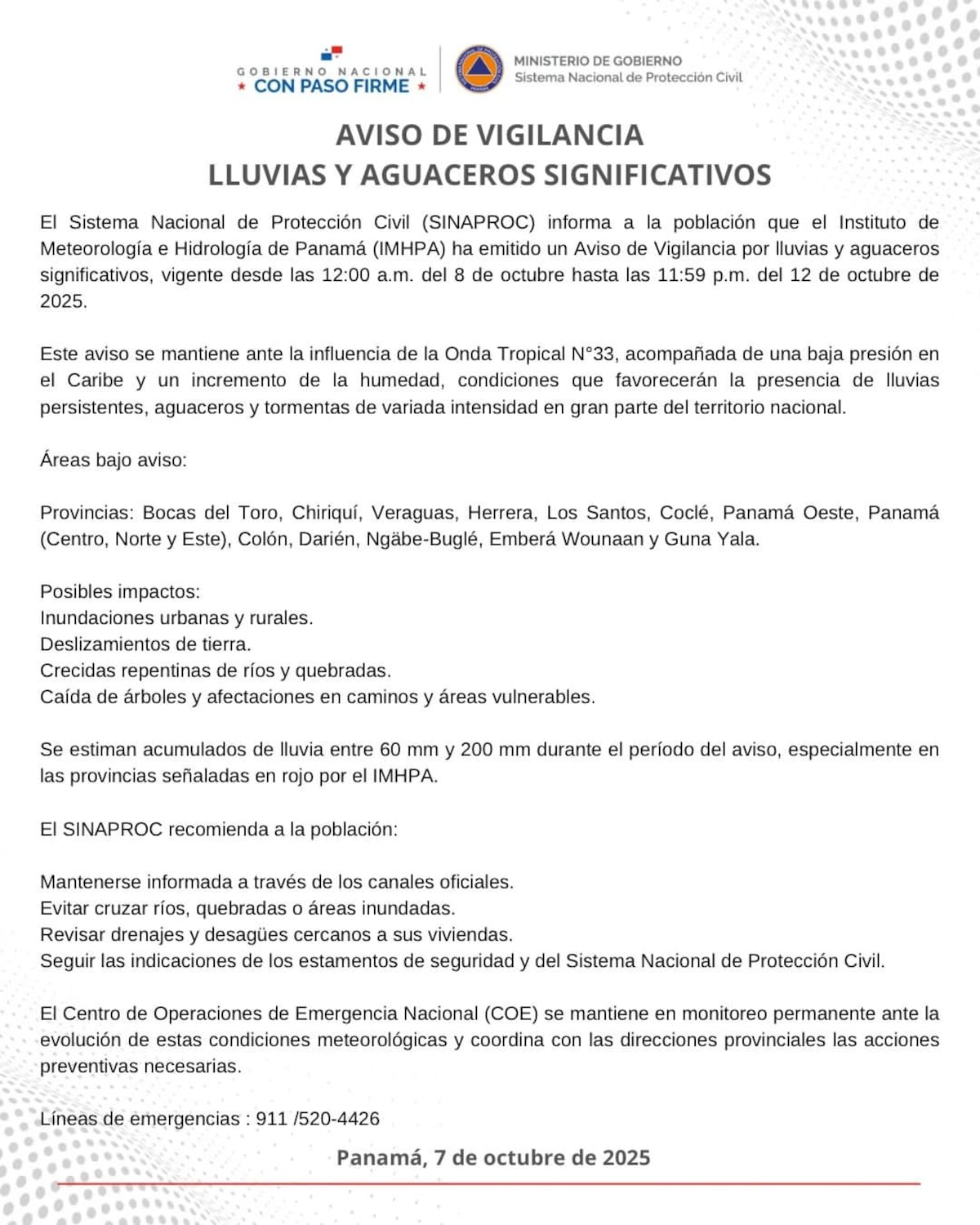 ¡Aguaceros sin descanso! SINAPROC alerta por lluvias en todo Panamá hasta el 12 de octubre