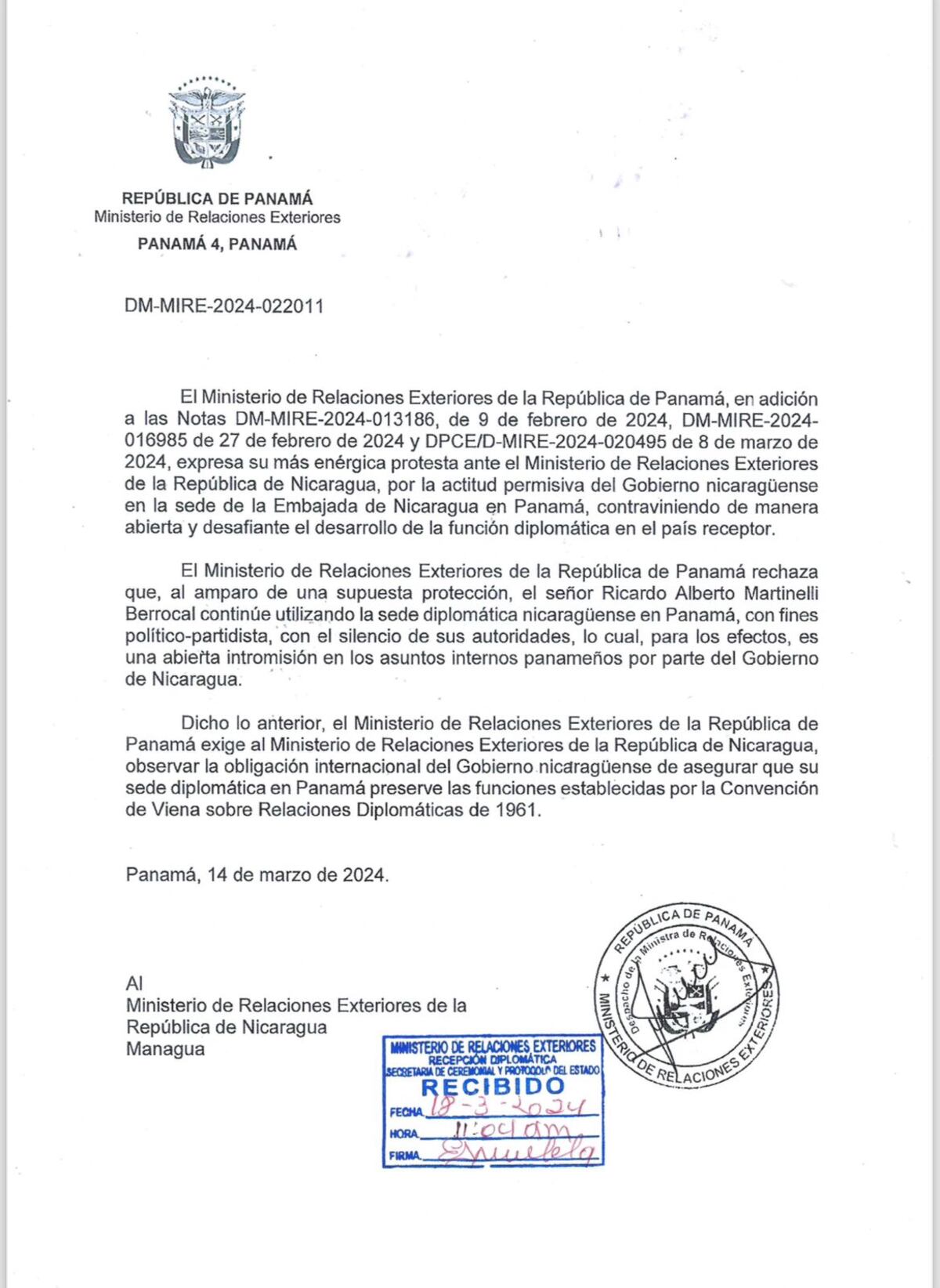 Cancillería rechaza que Embajada de Nicaragua se traslade a la casa contigua de La Alameda