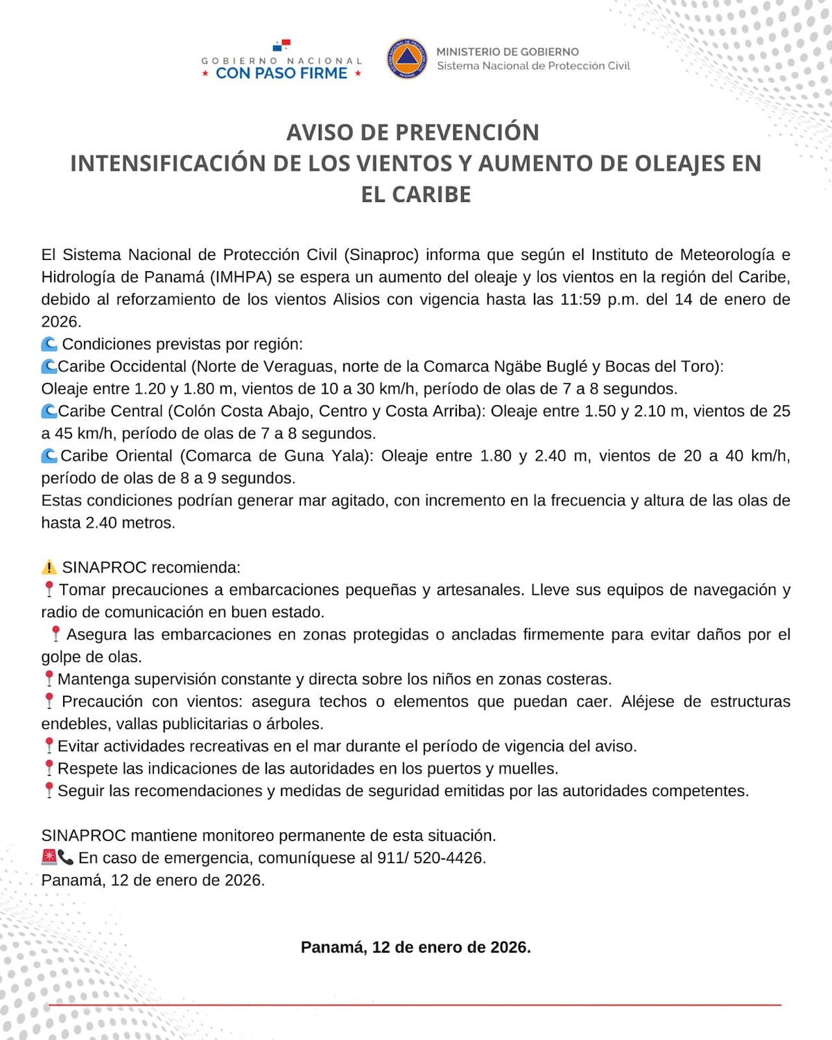 Sinaproc emite alerta preventiva por fuertes vientos y oleajes elevados en el Caribe
