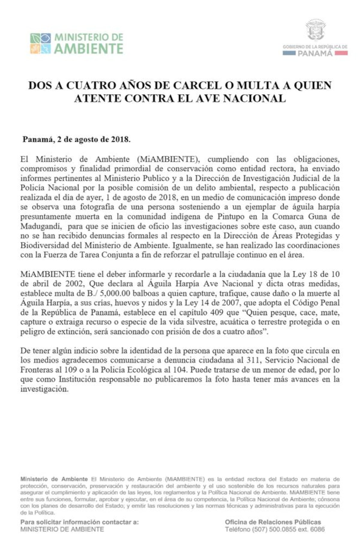 MiAmbiente investiga caso del Águila Harpía y se multará a los responsables
