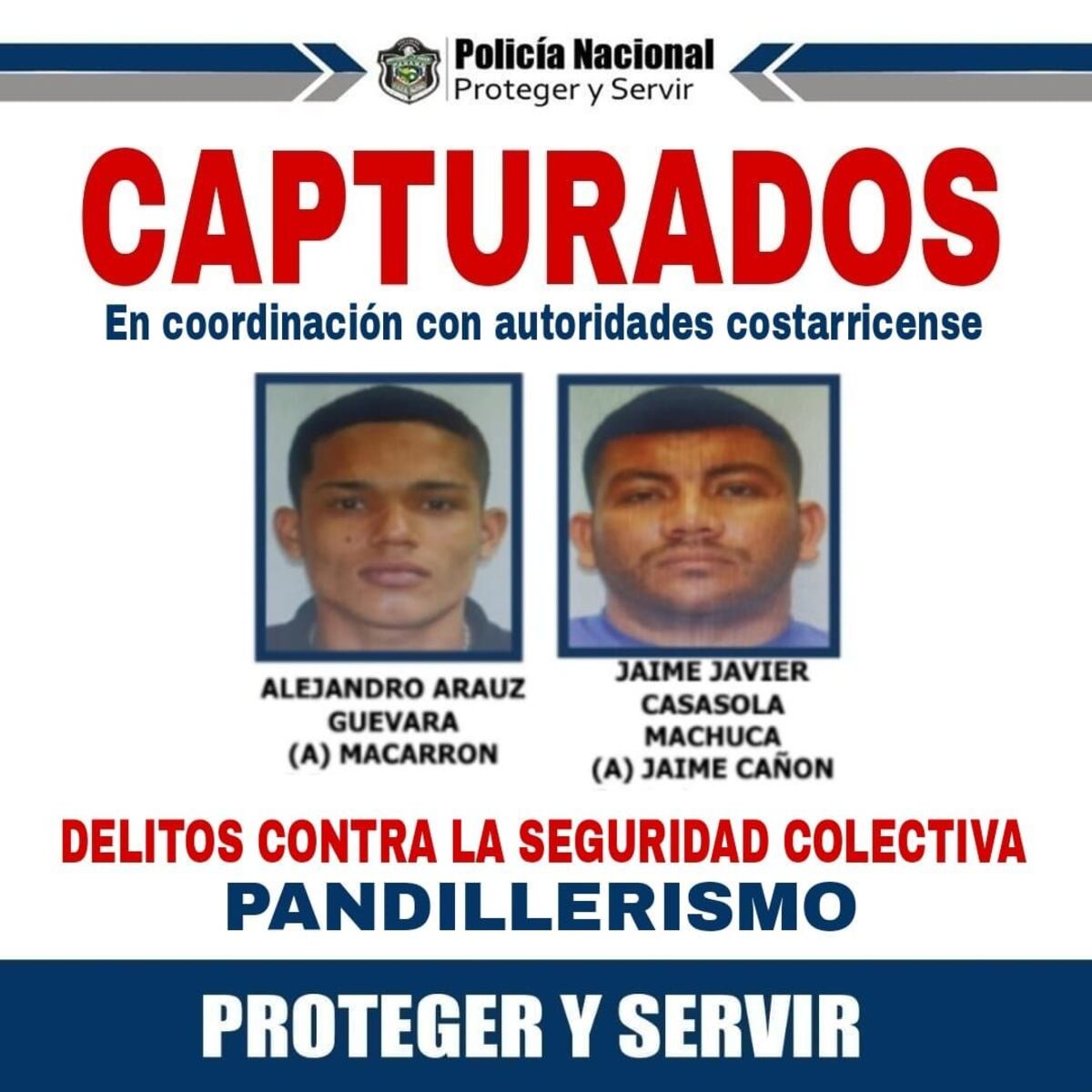 Dos sindicados por pandillerismo, capturados en Costa Rica, ya fueron entregados a Panamá