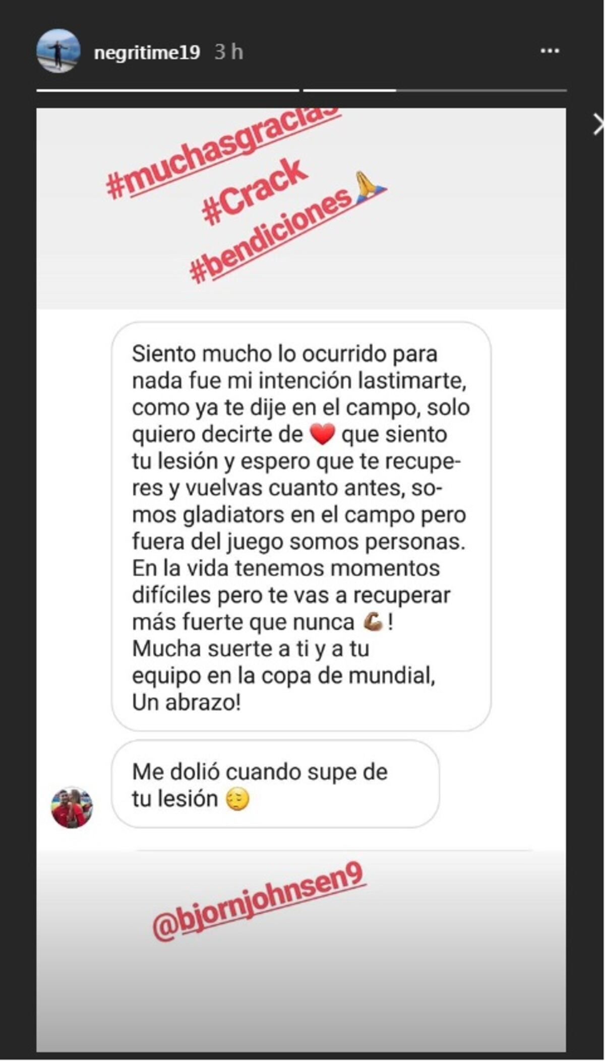 El jugador noruego que lesionó a Negrito le mandó su disculpa por Instagram