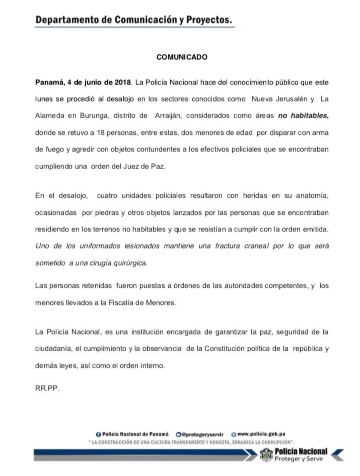 Policía será operado de la cabeza tras golpe sufrido en desalojo a precaristas