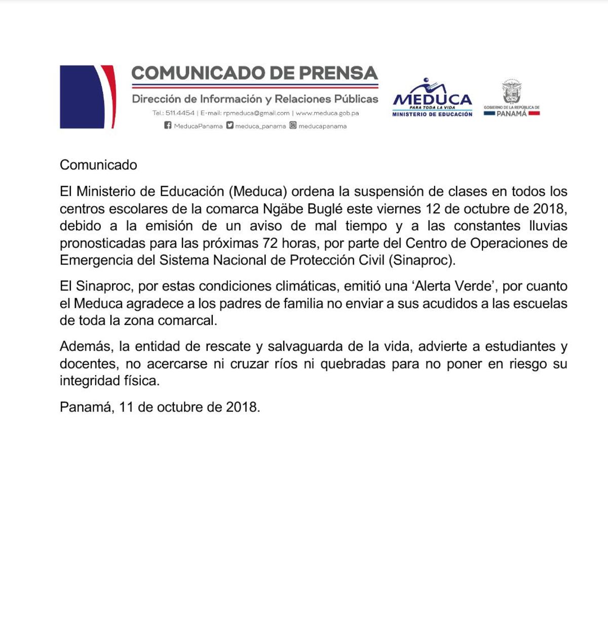 Meduca suspende clases este viernes en la comarca Ngäbe Buglé por lluvias