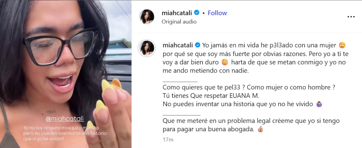 Miah Catalina estalla con un: ‘Mami, un varón te va a pegar’, tras ser involucrada por Euana Muñoz en la polémica de El Tachi y Aliah