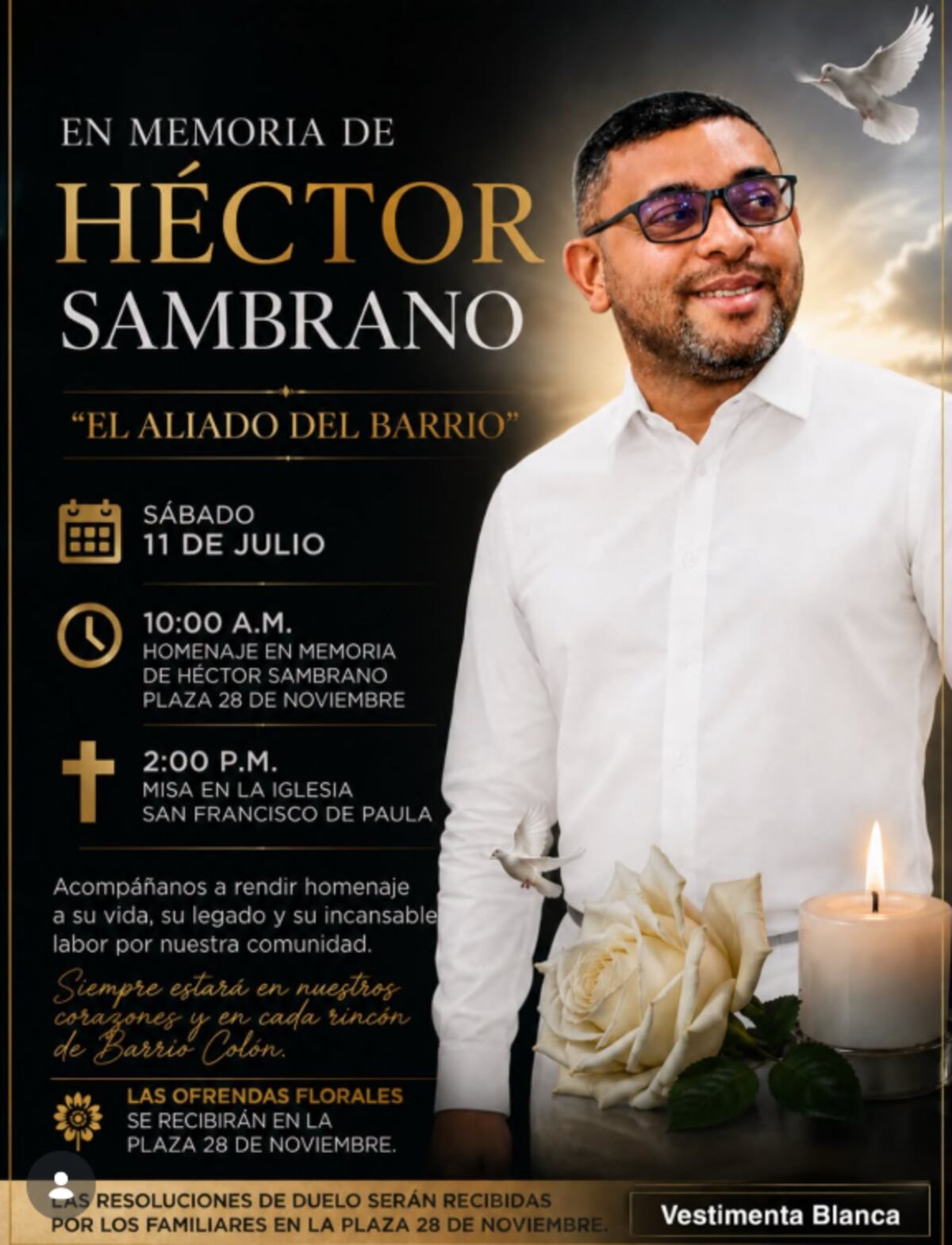 Honras fúnebres de Héctor Sambrano serán este sábado; familiares piden vestir de blanco