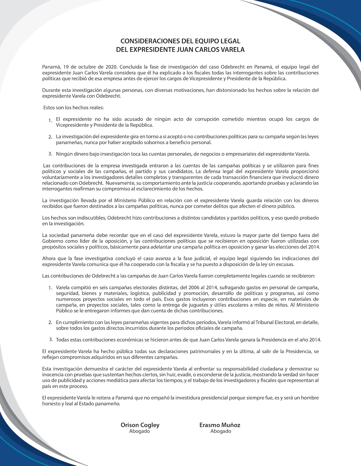 Equipo legal del exmandatario Varela: se defienden por investigación de Odebrecht