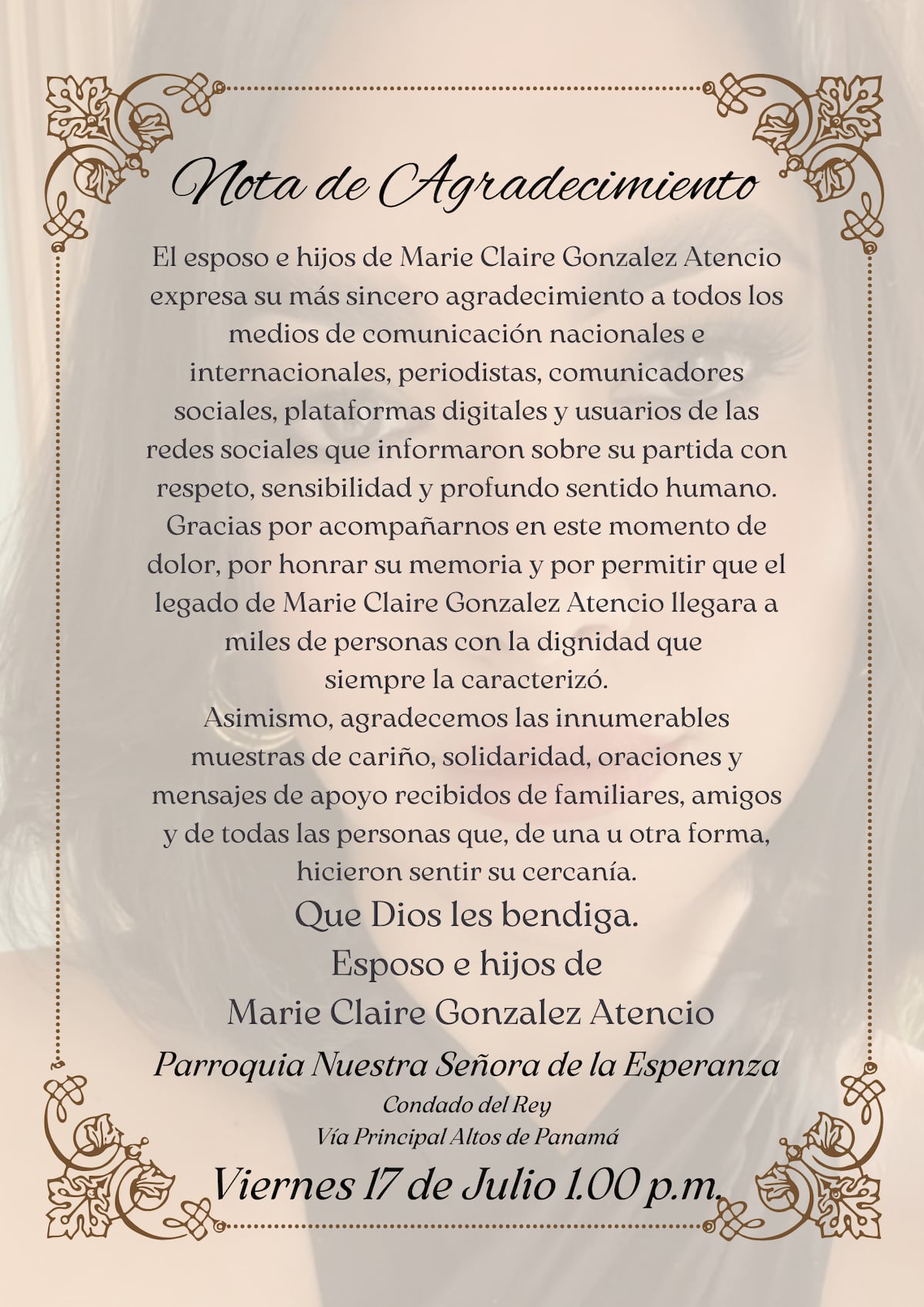 Esposo e hijos de Marie Claire González agradecen el apoyo recibido: ‘Gracias por honrar su memoria’