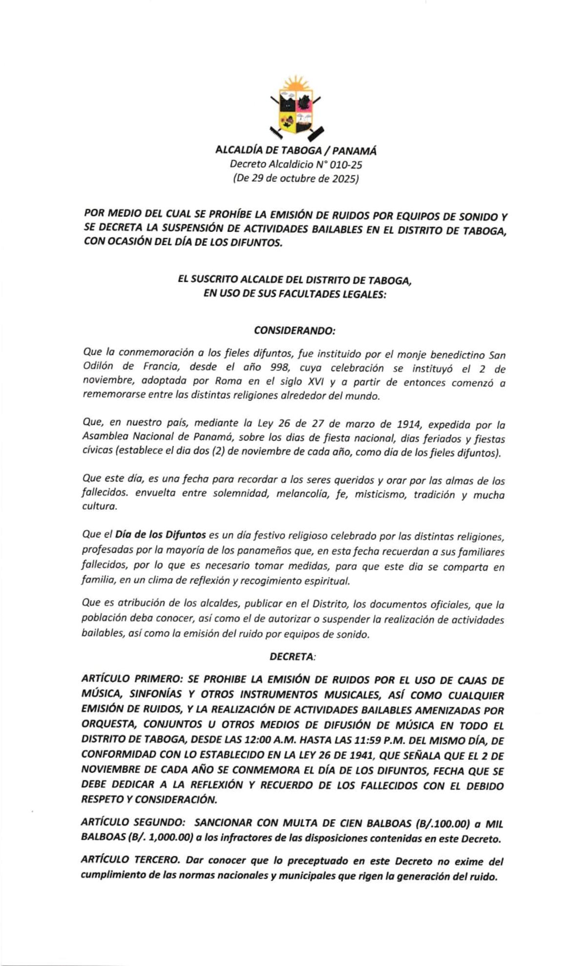 Alcaldía de Taboga suspende ruidos fuertes por el Día de los Difuntos 