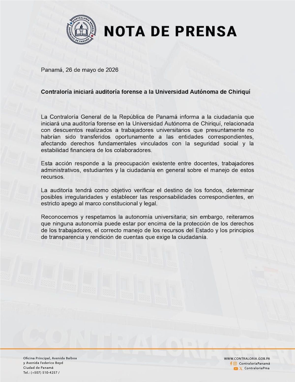 LO ÚLTIMO. Contraloría auditará a la Unachi por descuentos a trabajadores que no habrían llegado a su destino