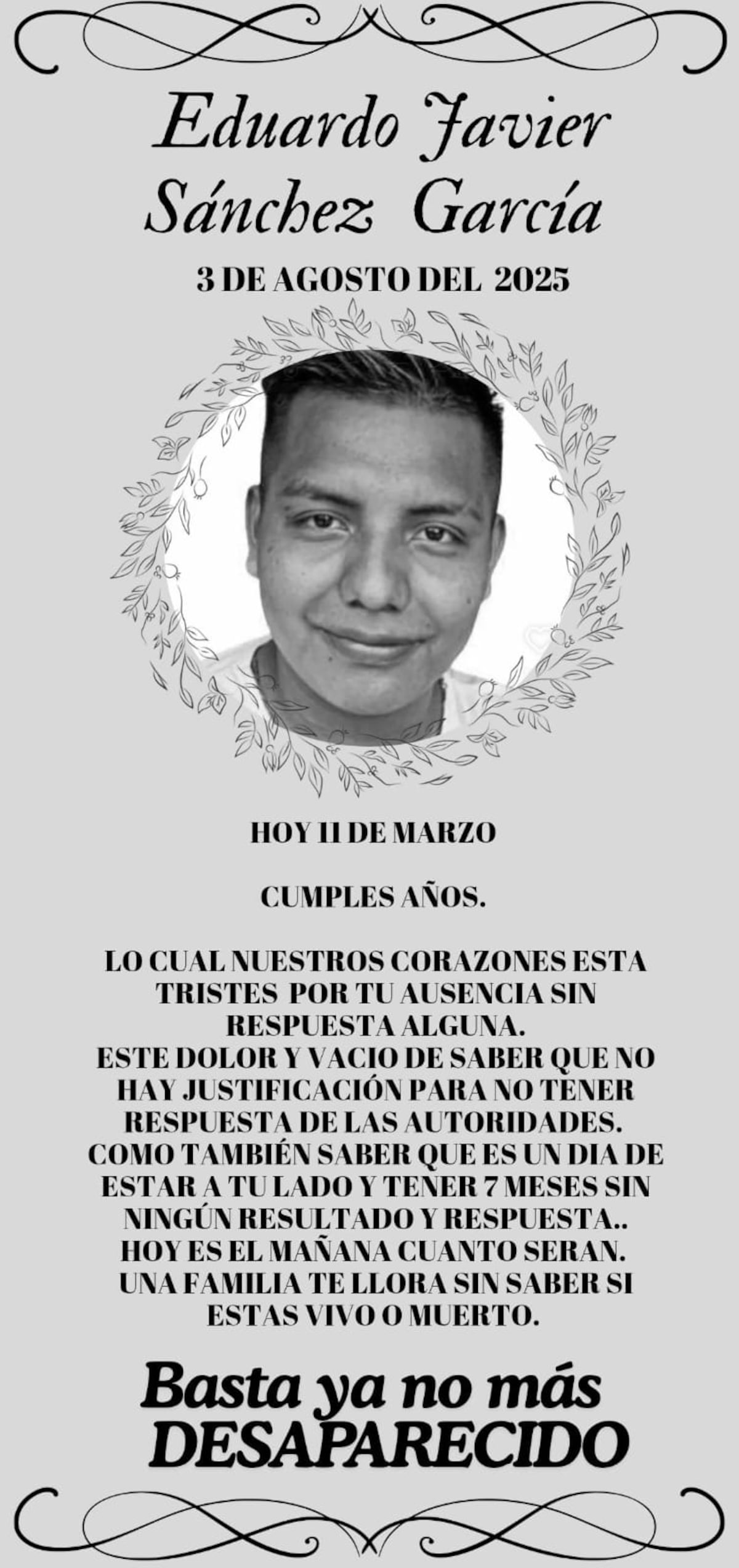 Cumpleaños marcado por la ausencia: Eduardo Sánchez cumplió 25 años sin que su familia supiera dónde estaba