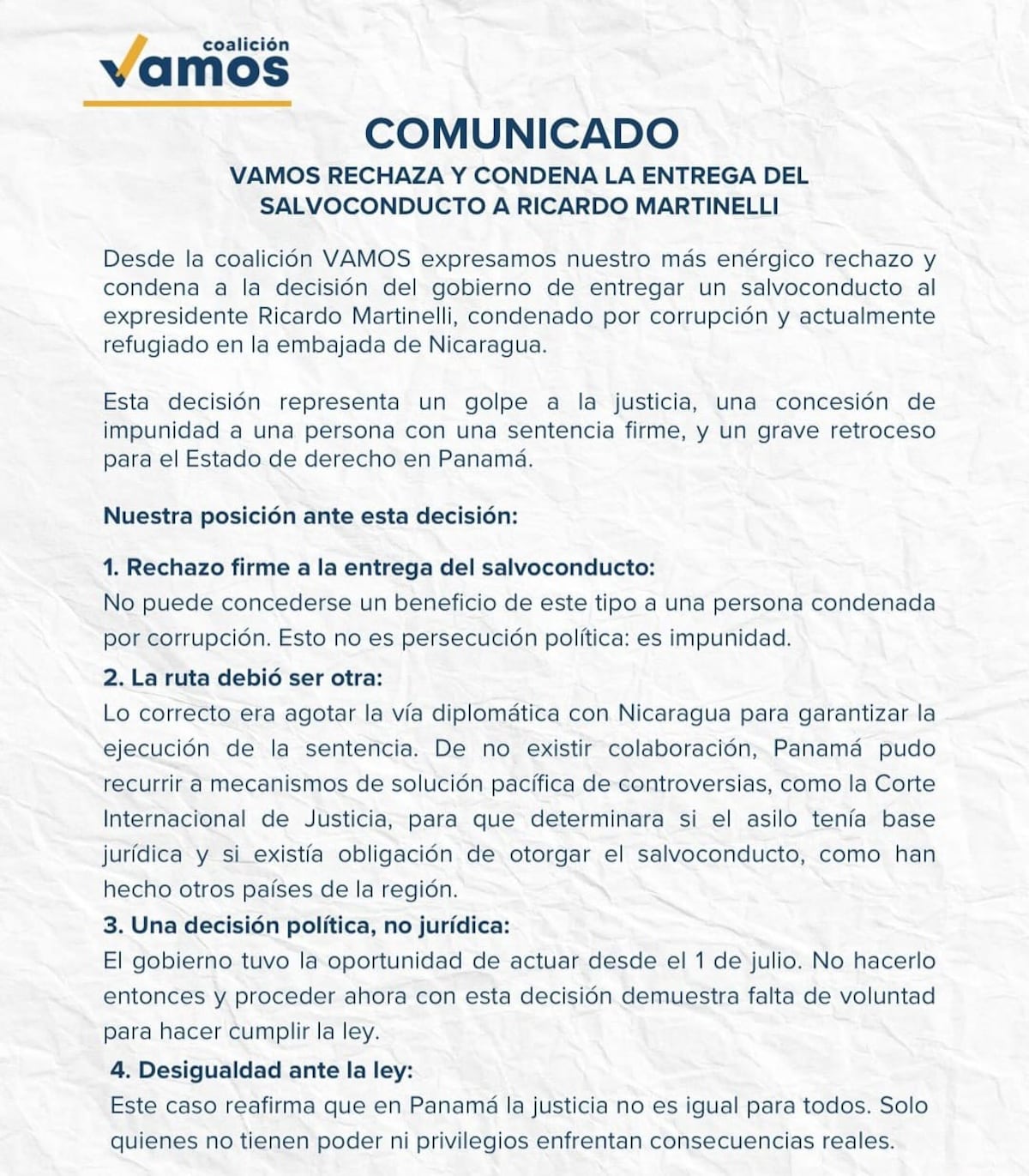 Coalición Vamos rechaza salvoconducto otorgado a Martinelli