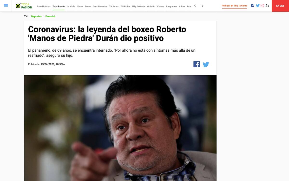 Medios internacionales reportan el contagio de Roberto Durán +Galería