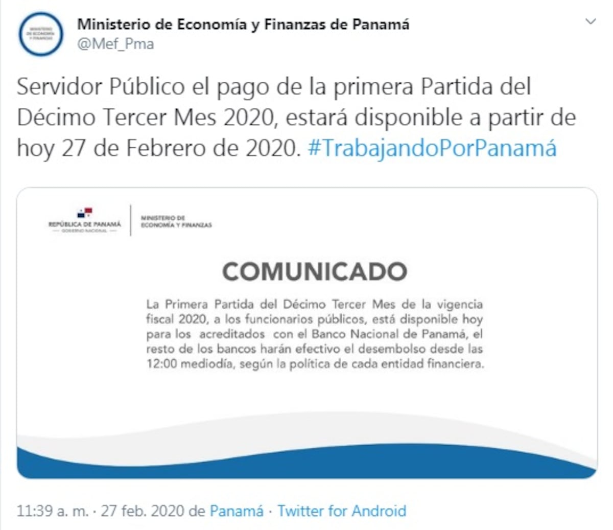 Realizan pago del décimo tercer mes. Más de 50 millones de dólares